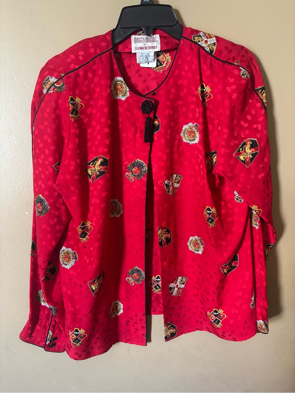 Vintage Maggy London Silk Blouse Red Heraldic Crest Frog Closure Jacquard 10